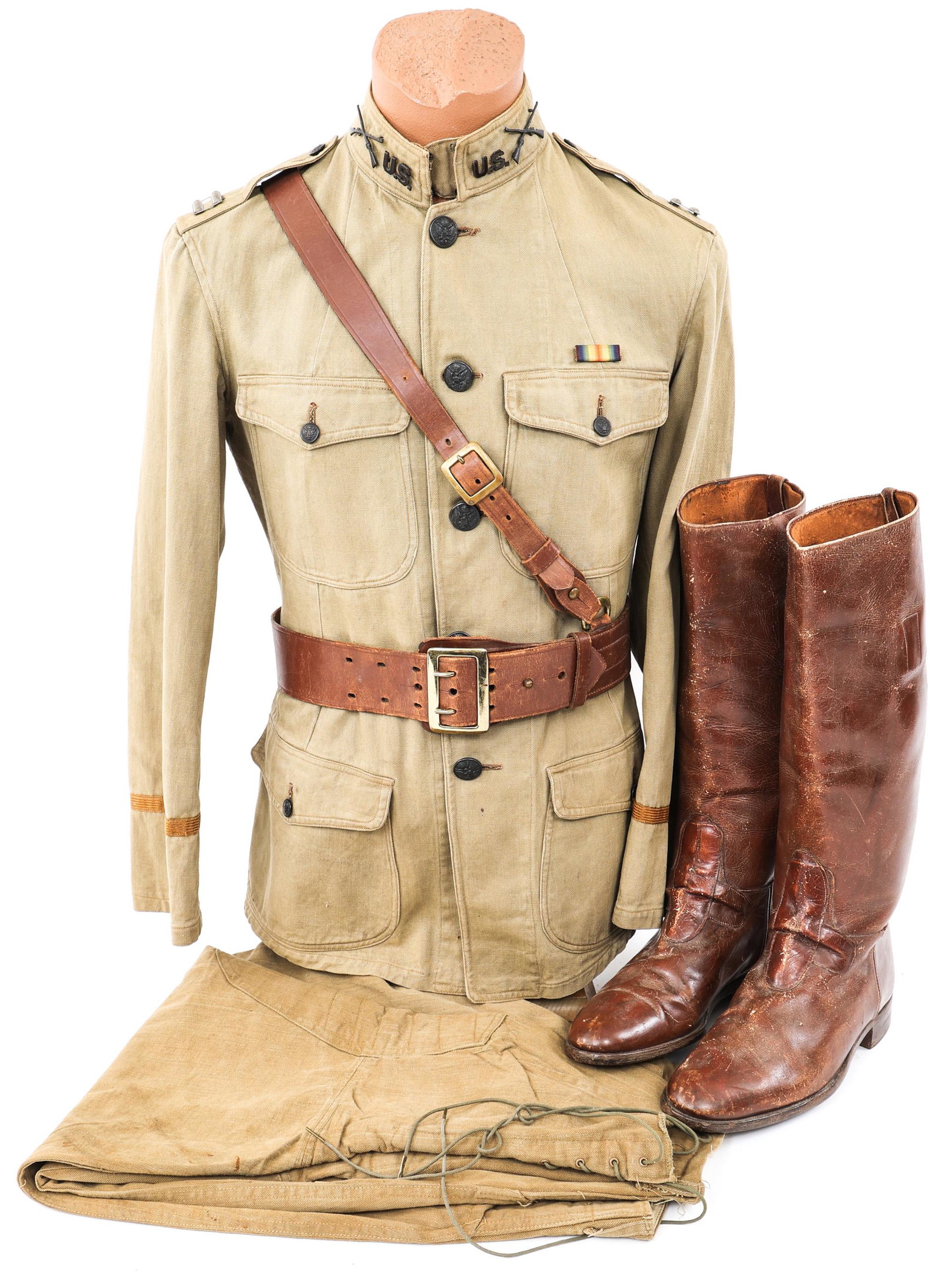 WWI US ARMY INFANTRY OFFICER KHAKI SUMMER UNIFORM: WWI US ARMY INFANTRY OFFICER KHAKI SUMMER UNIFORM | WWI US Army Officer Khaki Summer cotton uniform. Includes: (1) 4 pockets Model 1917 Officer khaki cotton summer tunic with "US" & "Infantry" crossed