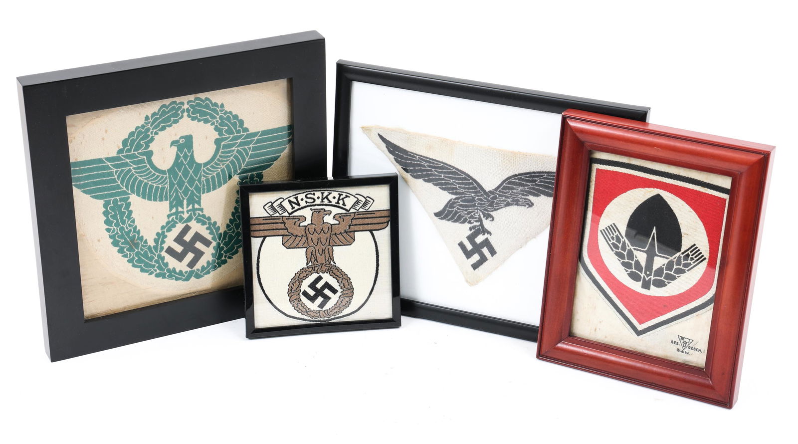 WWII GERMAN FRAMED SPORT SHIRT PATCHES LOT OF 4: WWII GERMAN FRAMED SPORT SHIRT PATCHES LOT OF 4 | Lot of 4 WWII German Sport Shirt Patches. NSKK, Police, RAD, Luftwaffe. Size: 5"x 5" to 8"x 8"