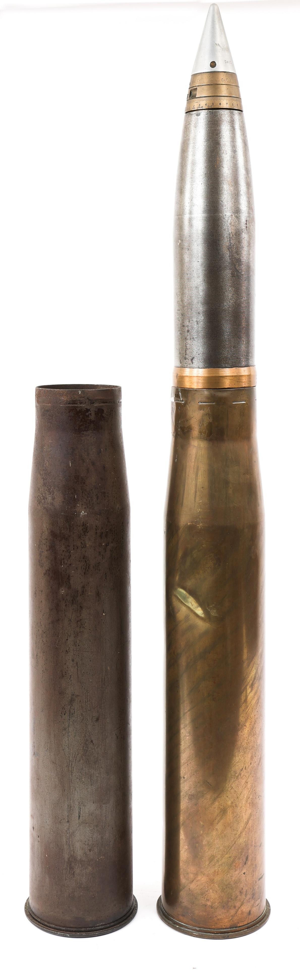 WWII US ARMY M1/M2 90MM ARTILLERY SHELL: WWII US ARMY M1/M2 90MM ARTILLERY SHELL | WWII US Army M1 / M2 90mm Artillery Shell. Various stamping on the bottom. (1) casing. (1) Casing & projectile. Inert. Size: 23.5" tall