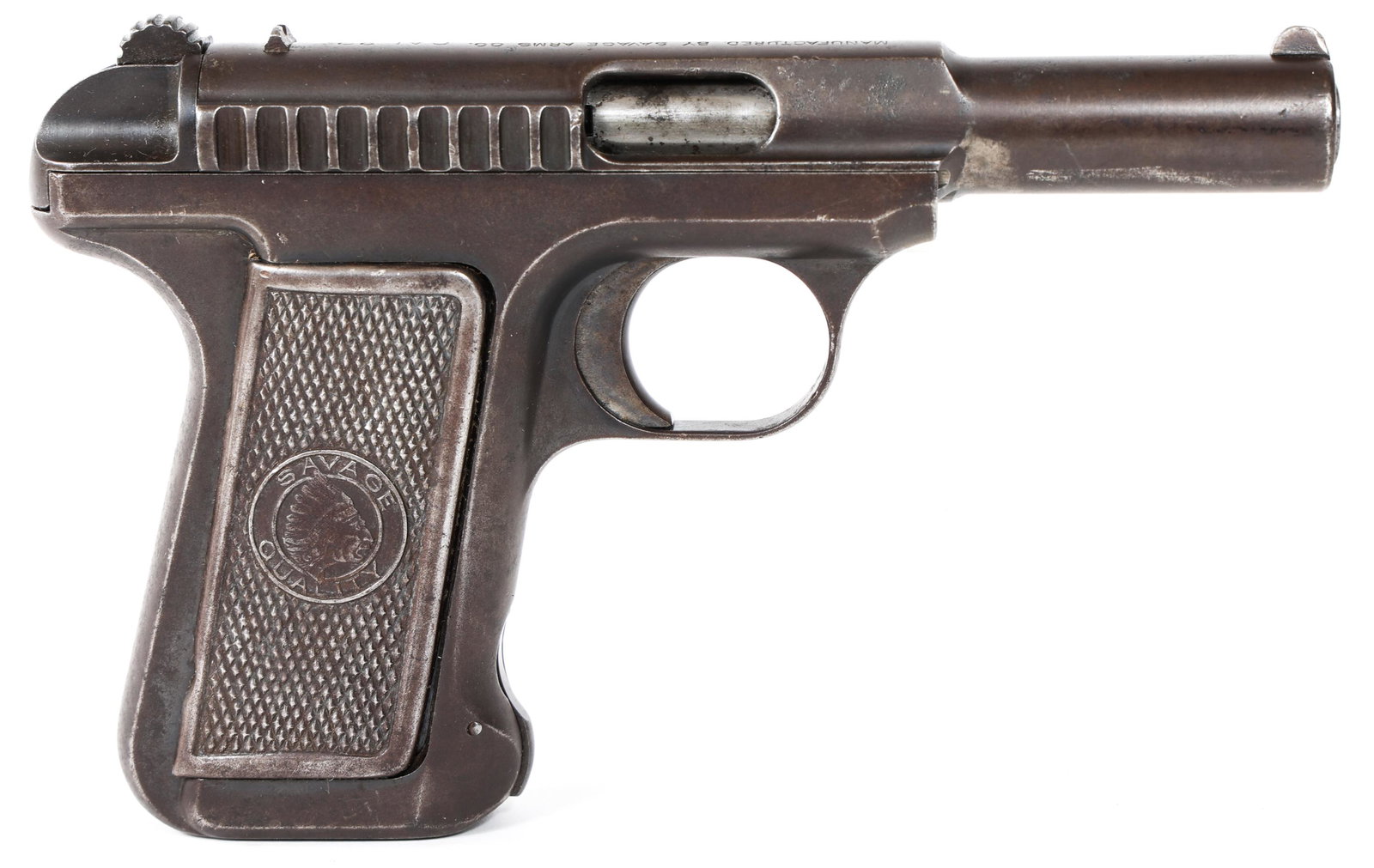 1908 SAVAGE MODEL 1907 7.65mm PISTOL: 1908 SAVAGE MODEL 1907 7.65mm PISTOL | 1908 Savage Model 1907 7.65mm semi automatic pistol. Blued finish. Savage Arms checkered grips. Fixed sights. One magazine. Caliber / Gauge: 7.65mm Barrel Length