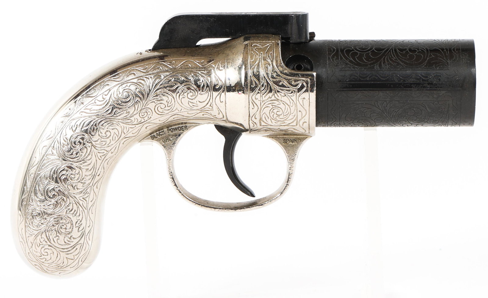 F.I. INDUSTRIES .22 PEPPERBOX PERCUSSION PISTOL: F.I. INDUSTRIES .22 PEPPERBOX PERCUSSION PISTOL | F.I.. Industries .22 caliber pepperbox percussion pistol. Chrome finish. Blued barrel. The right side of the trigger guard is marked “Spain” and �