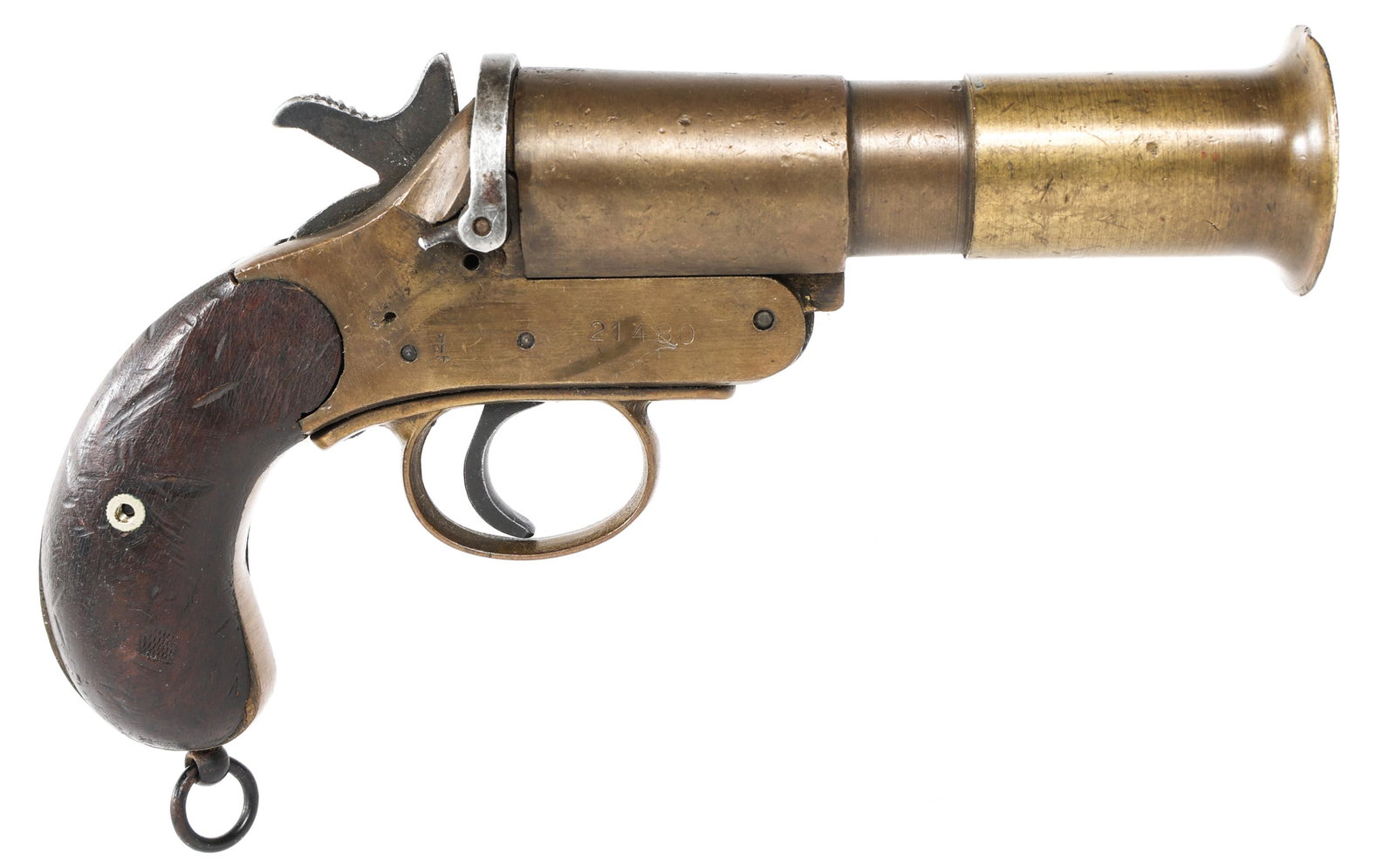 1943 WWII AUSTRALIAN CSR NO.1 MK.III FLARE PISTOL: 1943 WWII AUSTRALIAN CSR NO.1 MK.III FLARE PISTOL | 1943 WWII Australian CSR No.1 Mk. III 1 inch caliber flare pistol. Brass frame and barrel with wood grips and lanyard ring. Australian broad arrow o