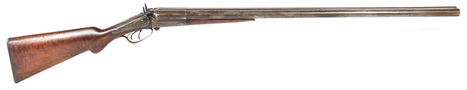 HENRI PEIPER 10 GAUGE SIDE BY SIDE SHOTGUN: HENRI PEIPER 10 GAUGE SIDE BY SIDE SHOTGUN | Henri Pieper 10 gauge side by side rabbit ear shotgun. Blued finish, wood stock and bead front sight. Belgium proofs on barrel and underside of barrel lugs