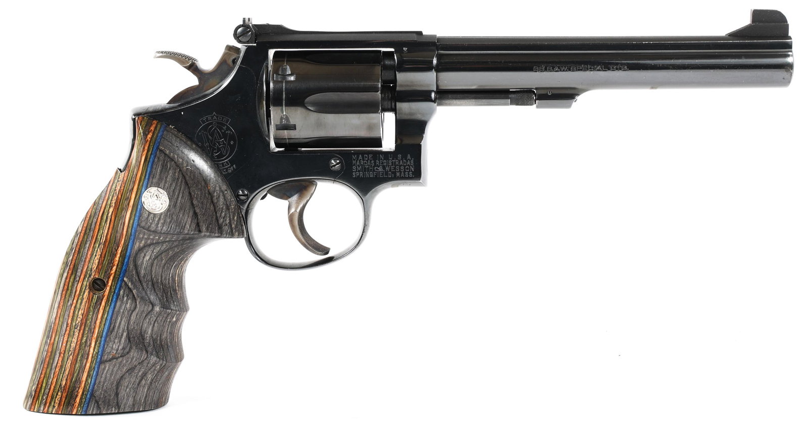 SMITH & WESSON MODEL 14-3 DA .38 CAL REVOLVER: SMITH & WESSON MODEL 14-3 DA .38 CAL REVOLVER Smith & Wesson Model 14-3 double action .38 Special caliber revolver. Blued finish. Adjustable rear sight with fixed front blade sight. S&W engineered woo