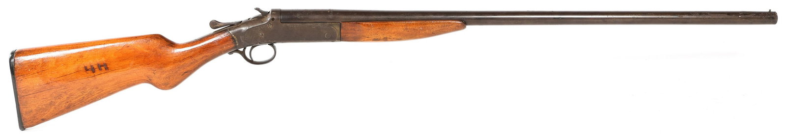 EXCEL BREAK OVER 12 GAUGE SHOTGUN: EXCEL BREAK OVER 12 GAUGE SHOTGUN Excel break over 12 gauge shotgun. Blued finish with wood stock and fore grip. Bead front sight. Stock has numbers carved into the right side. Caliber / Gauge: 12 Bar