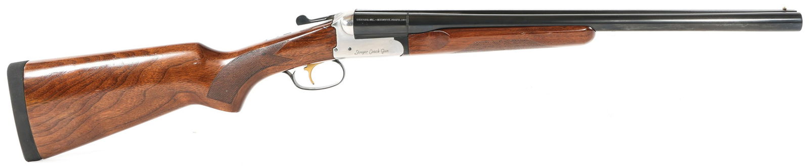 STOEGER ARMANTINO 12 GA DOUBLE BARREL COACH GUN: STOEGER ARMANTINO 12 GA DOUBLE BARREL COACH GUN Stoeger Coach Gun 12 gauge shotgun. 3" chamber. Blued finish. Checkered walnut stock and fore grip. Rubber recoil pad. Single trigger. Bead front sight.