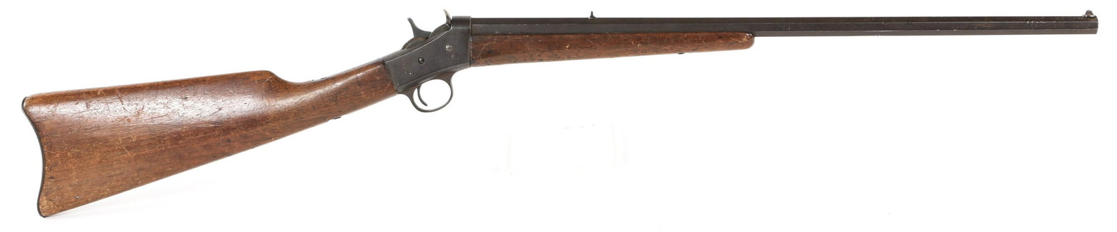 REMINGTON No. 4 ROLLING BLOCK .22 CALIBER RIFLE: REMINGTON No. 4 ROLLING BLOCK .22 CALIBER RIFLE Remington Arms No. 4 rolling block .22 caliber rifle. Blued finish, with wood stock and fore grip. Fixed sights. Metal butt plate. Caliber / Gauge: 22 B