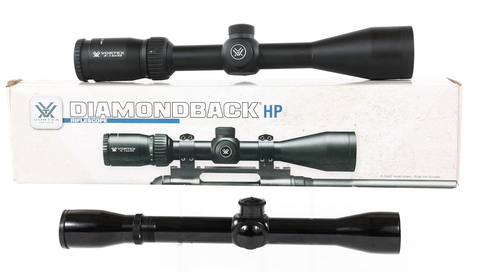 DIAMONDBACK AND BUSHNELL RIFLE SCOPES LOT OF 2: DIAMONDBACK AND BUSHNELL RIFLE SCOPES LOT OF 2 Rifle scope lot of two. Includes (1) Vortex Diamondback HP 3-12x42 rifle scope. Fully coated lenses. Argon gas purging with o-ring seals for waterproof /