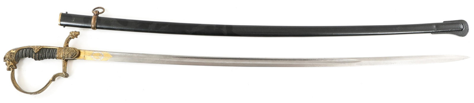 IMPERIAL GERMAN DAMASCUS BLADE OFFICER SWORD: IMPERIAL GERMAN DAMASCUS BLADE OFFICER SWORD Kaiser Reich, Imperial German Cavalry Lionhead Officer Sword. Slightly curved, Damascus blade with acid etched Prussian Eagle & "Eisenhauer" in gold inlay.