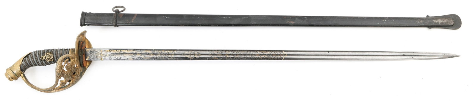 IMPERIAL PRUSSIAN MODEL 1889 KAISERPREIS SWORD: IMPERIAL PRUSSIAN MODEL 1889 KAISERPREIS SWORD Imperial German Prussian Model 1889 "Kaiserpreis" Officer's Presentation Sword. Dual fuller, acid etched with gold inlay, Damascus presentation blade wit