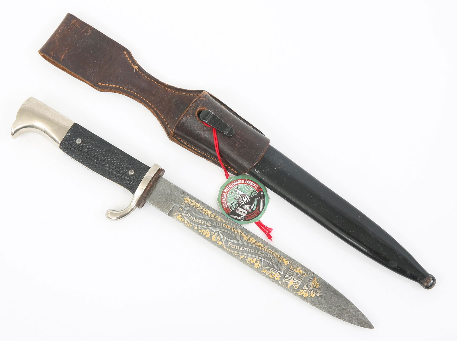 WWII GERMAN K98 ETCHED PRESENTATION BAYONET BY SMF: WWII GERMAN K98 ETCHED PRESENTATION BAYONET BY SMF WWII German K98 Etched Post-War Dedication or Presentation Dress Bayonet by SMF. Triple etched, false Damascus blade with gold gilding, depicting Pan