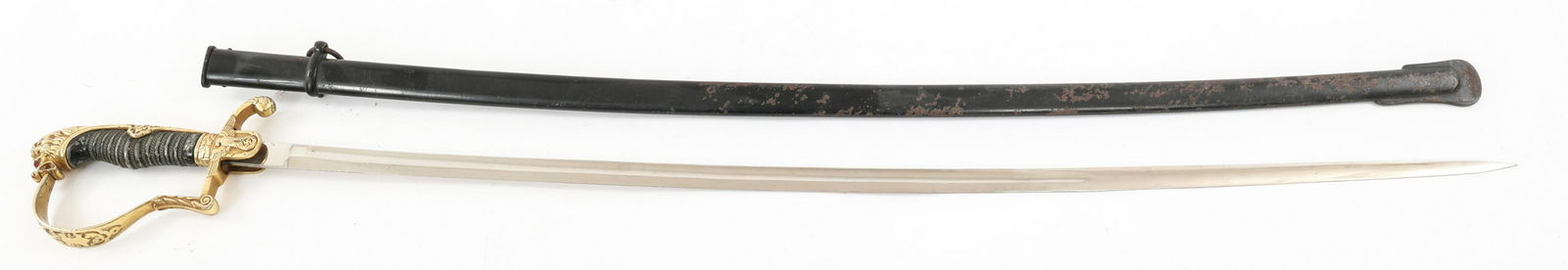 WWII GERMAN OFFICER'S LION HEAD DRESS SWORD: WWII GERMAN OFFICER'S LION HEAD DRESS SWORD WWII German Army Officer's Lion-Head Dress Sword. Curved blade, with fuller. Ricasso is stamped with the "Clemen & Jung" manufacturer's logo. Leather buffer