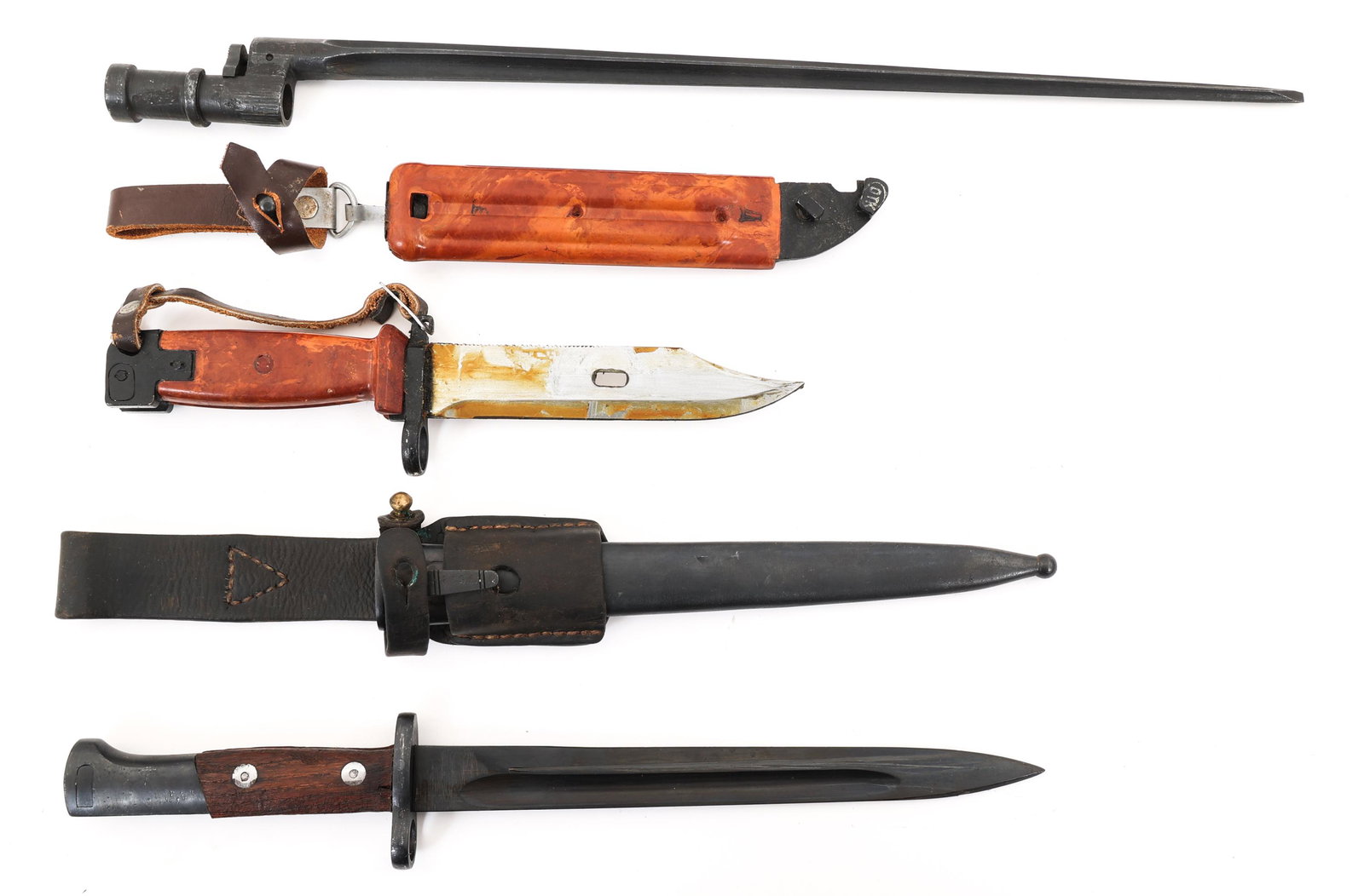 SOVIET RUSSIAN & YUGOSLAVIAN ARMY BAYONET LOT: SOVIET RUSSIAN & YUGOSLAVIAN ARMY BAYONET LOT Lot of 3 bayonets. Includes: (1) Yugoslavian M48 bayonet with scabbard and leather frog. Stamped "44" (Factory). (1) Soviet AK-47 bayonet with bakelite gr