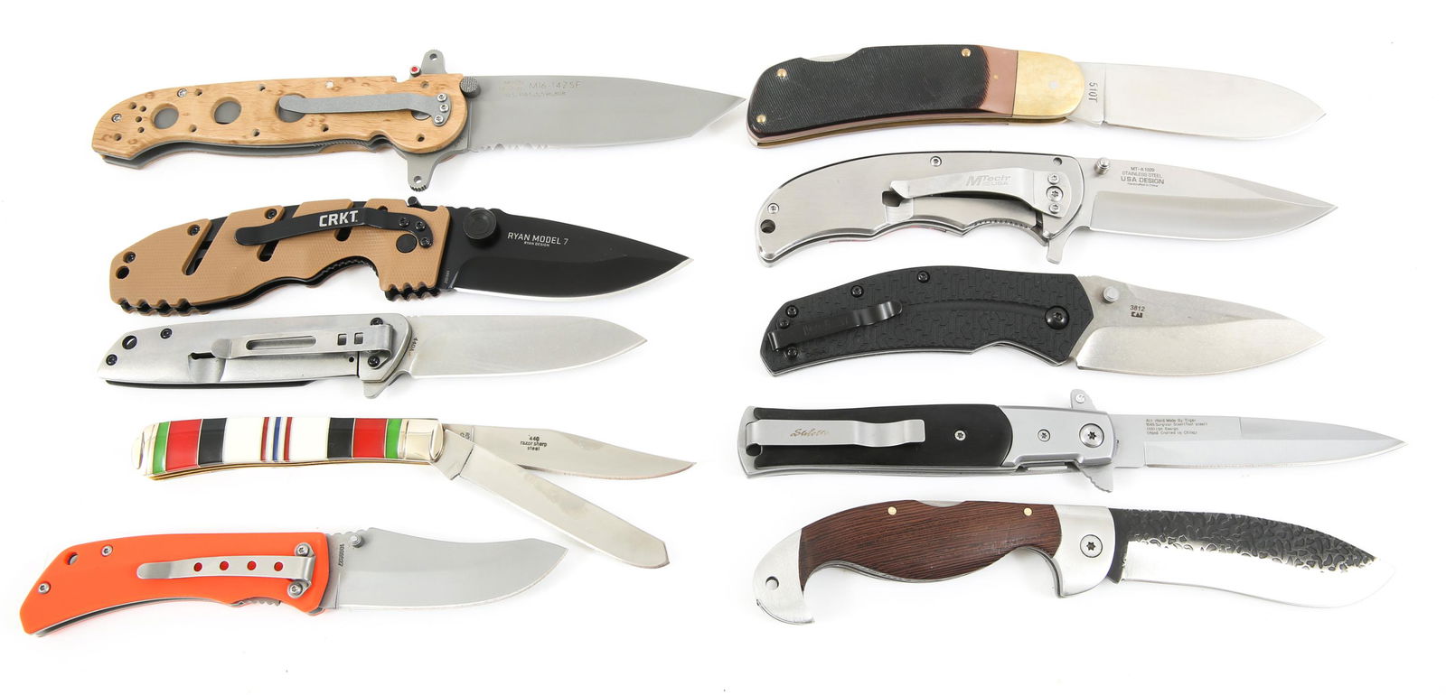 CRKT BOKER TIGER KERSHAW FOLDING KNIVES LOT OF 10: CRKT BOKER TIGER KERSHAW FOLDING KNIVES LOT OF 10 1- CRKT M16-14DSFG American Tanto point part-serrated tan. 2- Pitted Damascus blade with forefinger and pinky grip wood center handle. 3- Old Timer tr