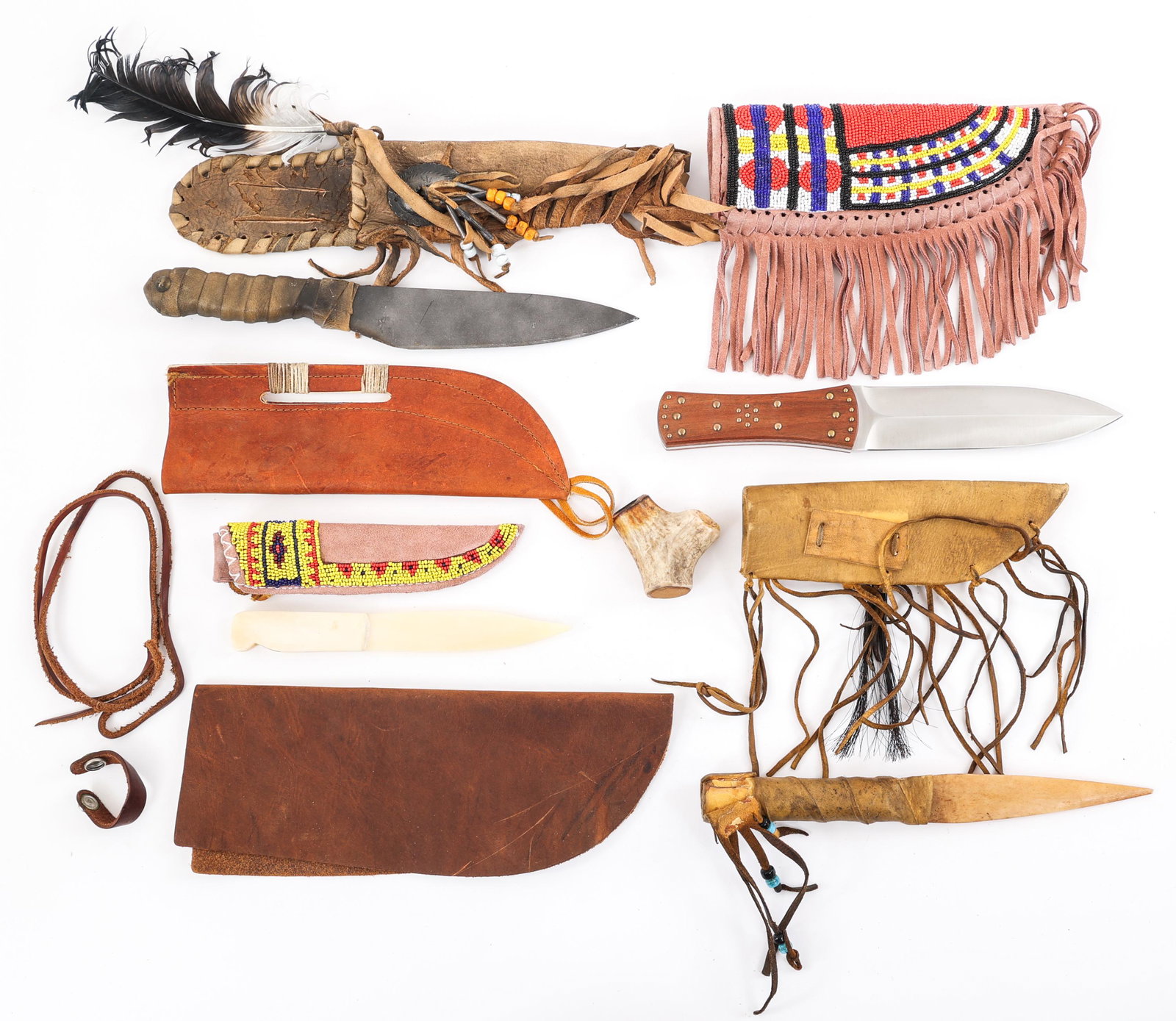 CONTEMPORARY NATIVE AMERICAN STYLE KNIVES: CONTEMPORARY NATIVE AMERICAN STYLE KNIVES Contemporary Native American style knives and leather sheaths. Blade Length: 5.1/4" to 7.5" | Total Length: 8" to 14"