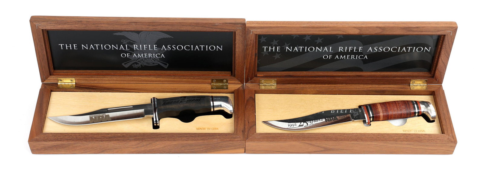 NRA SPECIAL ANNIVERSARY BUCK CASE COMMEM KNIVES: NRA SPECIAL ANNIVERSARY BUCK CASE COMMEM KNIVES The National Rifle Association of America, "Friends of the NRA" Anniversary knives. Includes:(1) Buck 119. (1) Case 381-6. Blade Length: 6" | Total Leng