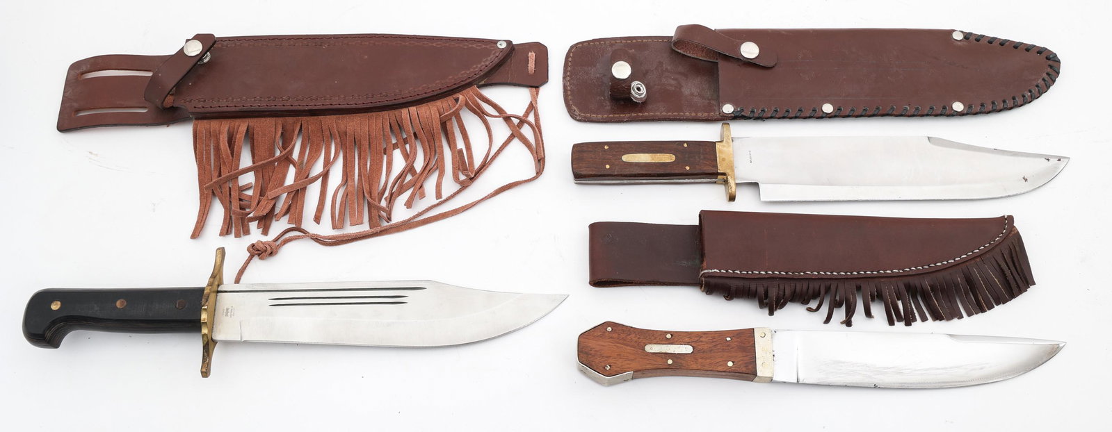 HUNTING & BOWIE KNIVES LOT OF 3: HUNTING & BOWIE KNIVES LOT OF 3 Lot of 3 Bowie & Hunting knives with leather sheaths. Blade Length: 8" to 10" | Total Length: 13.5" to 15"