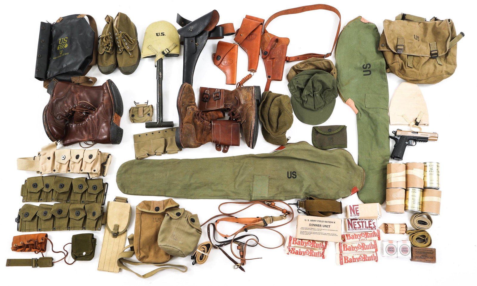 WWII US ARMY REENACTMENT FIELD GEAR LOT: WWII US ARMY REENACTMENT FIELD GEAR LOT WWII US Army Reenactment field gear lot. Includes Reproduction rations and cigarette packs, Colt 1911 BB CO2 Pistol, Entrenching tool, Bags, Leather holsters, D