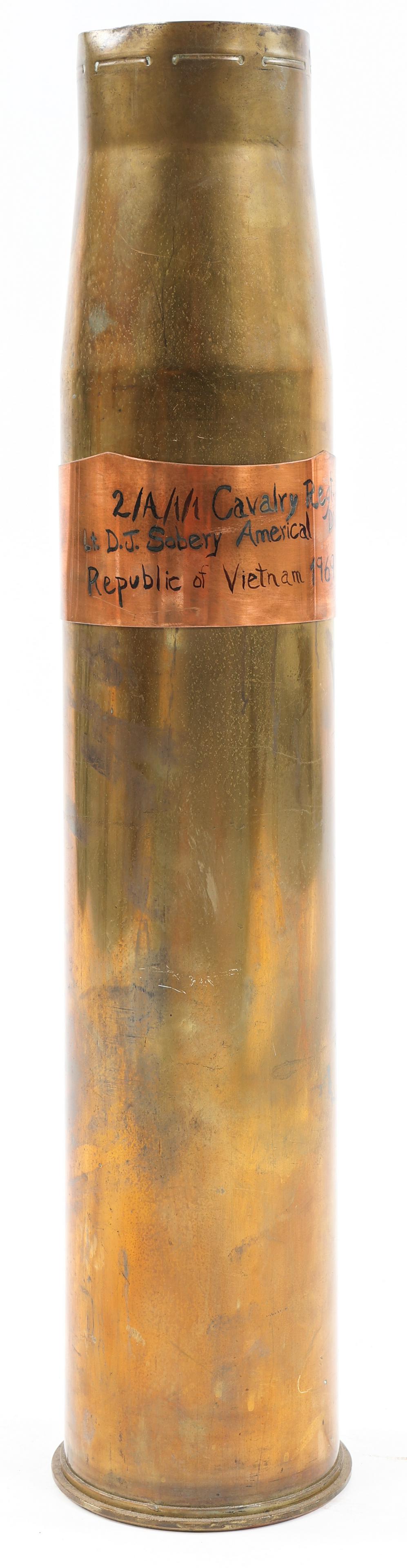 VIETNAM US ARMY 90mm ARTILLERY TRENCH ART SHELL: VIETNAM US ARMY 90mm ARTILLERY TRENCH ART SHELL Commemorative 90mm trench art shell case. Head stamp "90mm M19" "s.m.c. 6" over "1945". Marked with ordnance crossed cannon inspection cartouche. Size: