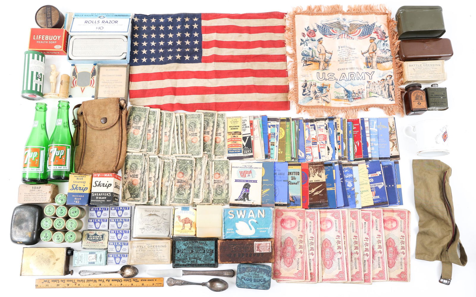WWII US ARMY SOLDIER'S PERSONAL GEAR BONANZA LOT: WWII US ARMY SOLDIER'S PERSONAL GEAR BONANZA LOT WWII US Army Soldier's Personal Gear Bonanza Lot. Including; 48 Star Flag 16" x 11"; Cigarette case; Battle dressing; Soap bars; Skrip Ink; Razor blade