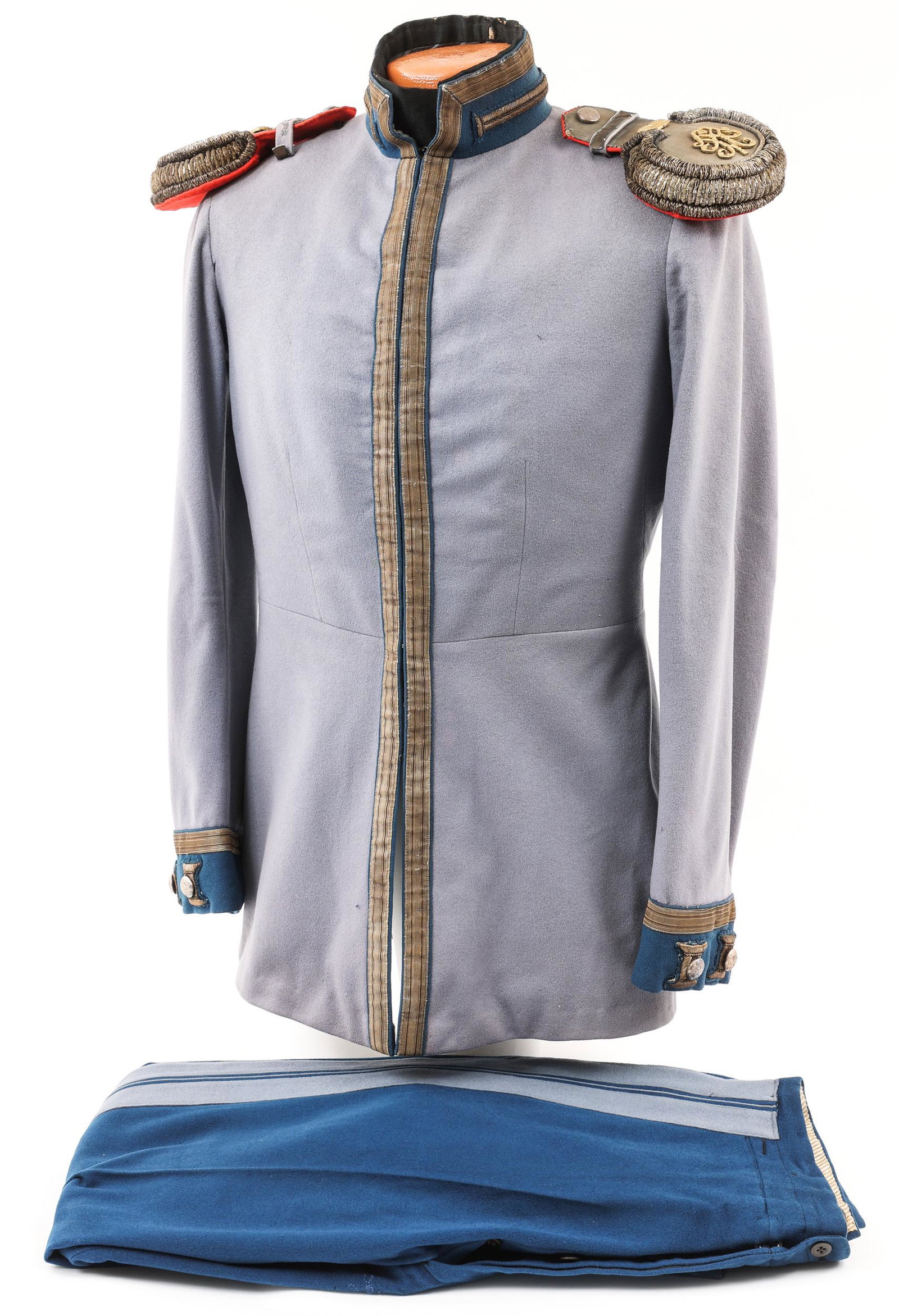 IMPERIAL RUSSIAN GUARD CUIRASSIER OFFICER UNIFORM: IMPERIAL RUSSIAN GUARD CUIRASSIER OFFICER UNIFORM Imperial Russian Guard Cuirassier Officer Tunic & Pants. Light blue / gray, fine quality wool tunic with gold bullion thread braiding and collar / cuf