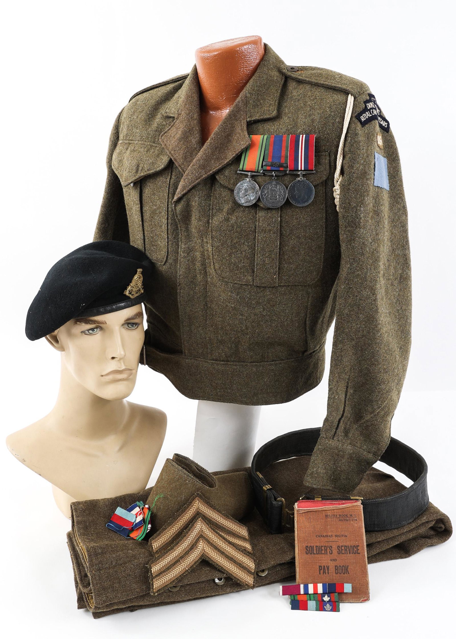 WWII ROYAL CANADIAN HUSSAR NAMED UNIFORM GROUP: WWII ROYAL CANADIAN HUSSAR NAMED UNIFORM GROUP WWII 17th Duke of York's Royal Canadian Hussar named uniform grouping. Named to Jay Lloyd Reynolds, an American citizen who served with in the Canadian A