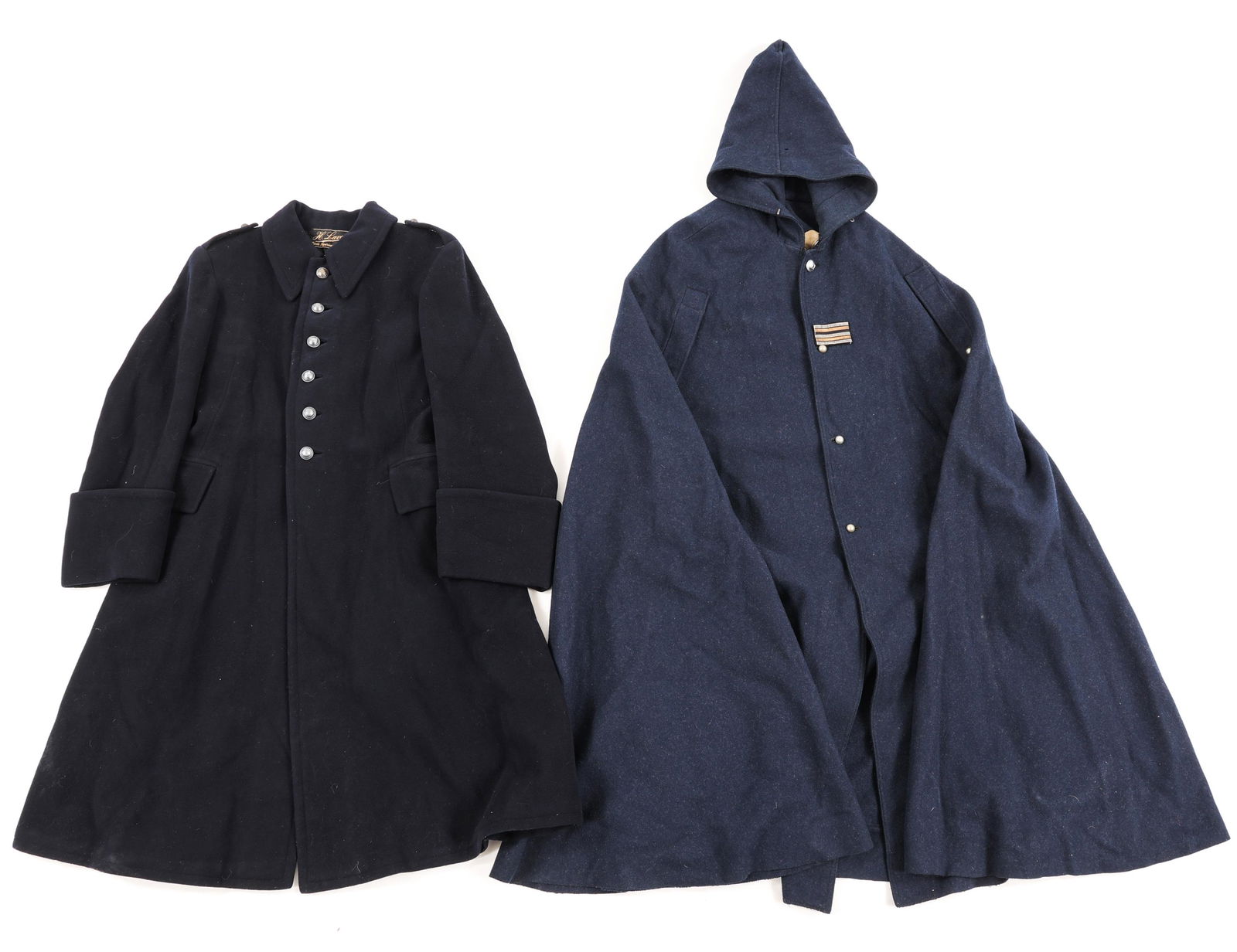 WWII FRENCH CHASSEUR ALPIN OFFICER CAPE & COAT: WWII FRENCH CHASSEUR ALPIN OFFICER CAPE & COAT WWII French "Chasseur Alpin" Uniforms lot. (1) French Chasseur Alpin Officer (Lt Colonel) Model 1892, navy blue, hooded field cape. Heavy wool with silve