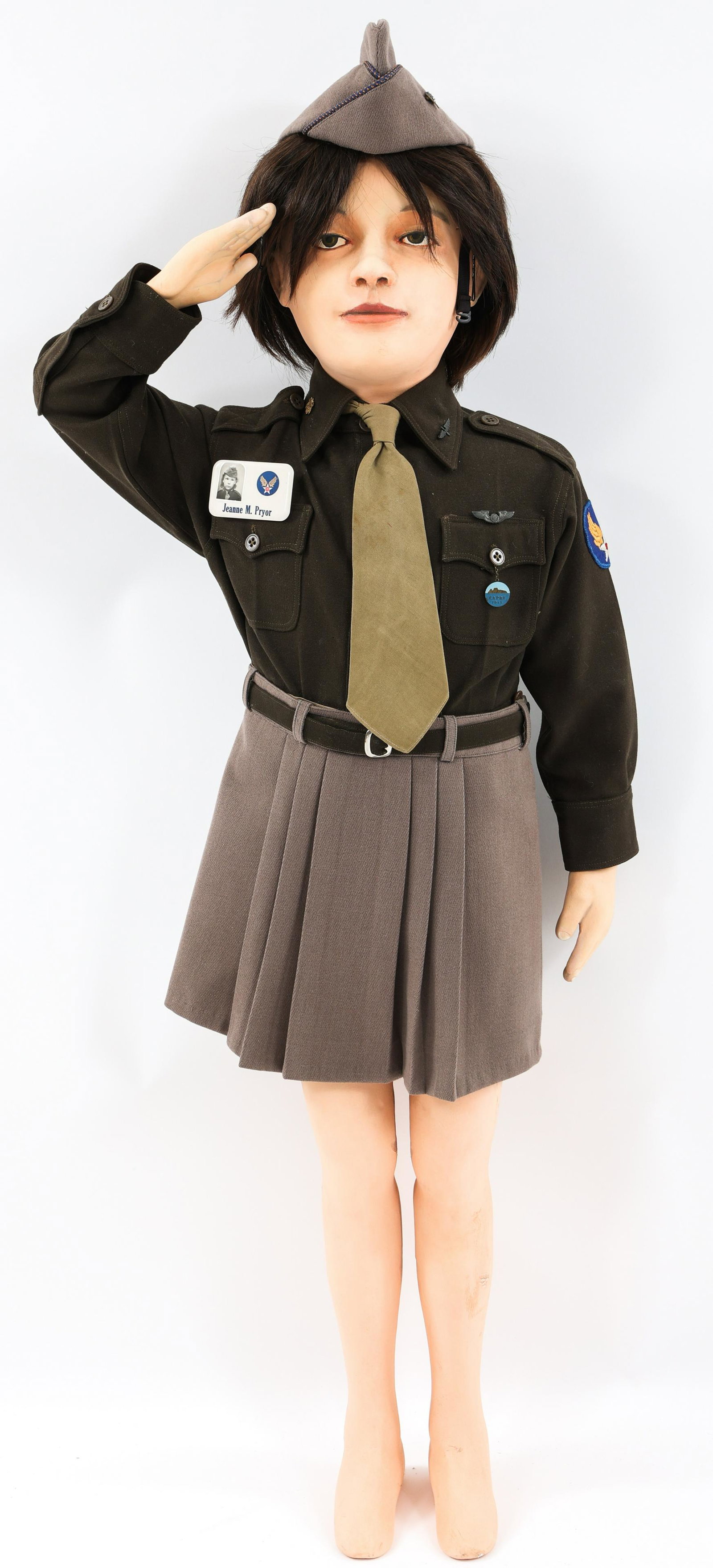 WWII US AAF CUSTOM MADE FEMALE CHILD UNIFORM GROUP: WWII US AAF CUSTOM MADE FEMALE CHILD UNIFORM GROUP WWII US Army Air Force Custom Made Dress Uniform of Little Jeanne M. Pryor, Daughter of a AAF Service Member during WWII. Including Her complete cust