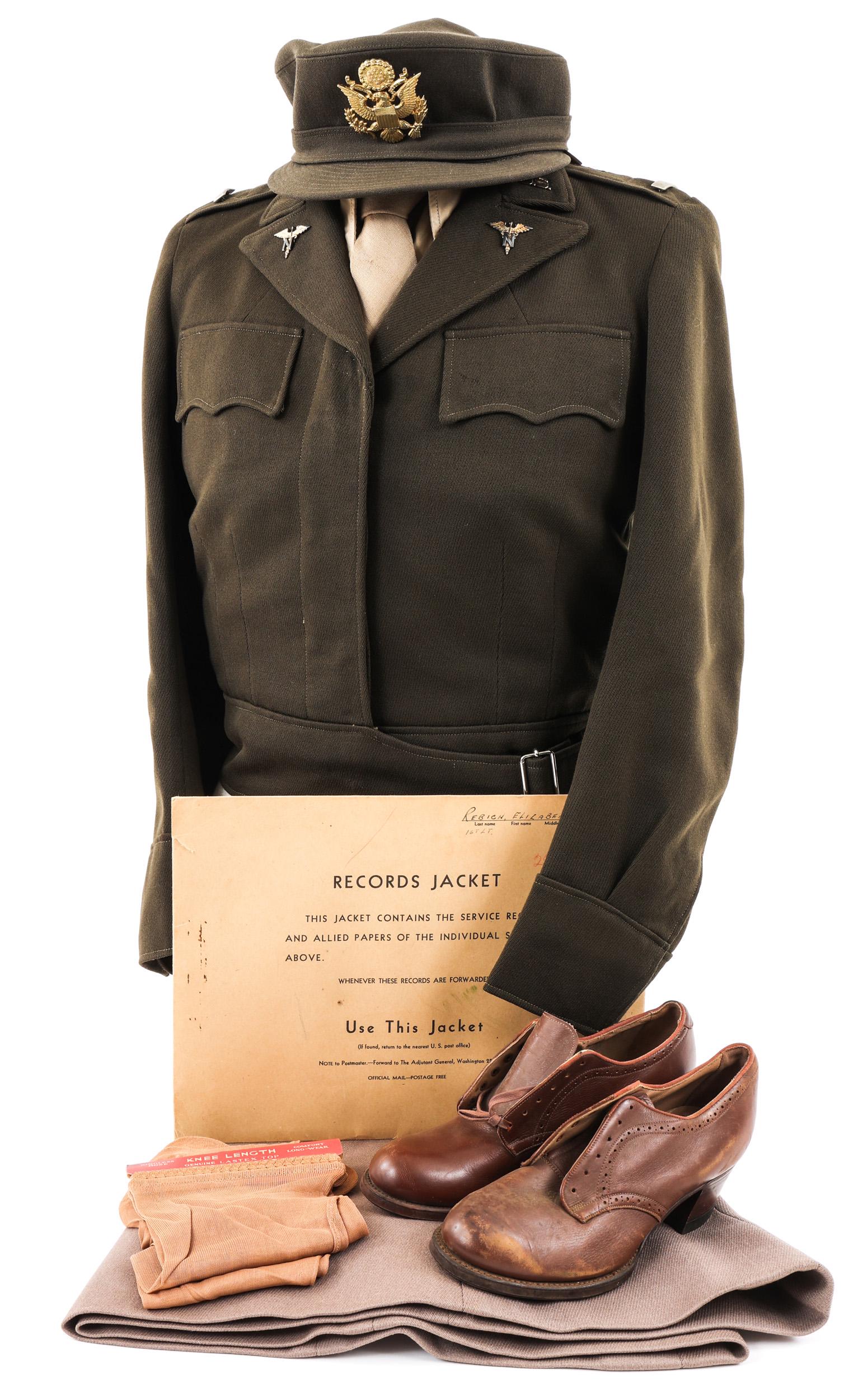 WWII US ARMY NAMED NURSE OFFICER DRESS UNIFORM: WWII US ARMY NAMED NURSE OFFICER DRESS UNIFORM WWII US Army Named Nurse Officer Uniform. Identified to 1st Lieutenant Elizabeth A. Rebich, N-759581 . Including; (1) A short-waisted OD elastic battle j