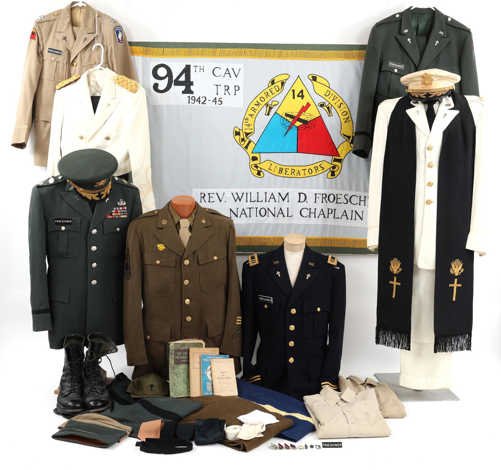 WWII - COLD WAR US ARMY NAMED CHAPLAIN UNIFORMS: WWII - COLD WAR US ARMY NAMED CHAPLAIN UNIFORMS WWII - Cold War US Army Chaplain uniform lot named to Lieutenant Colonel William D. Froeschner. Lt. Froeschner enlisted in the US Army during WWII and r