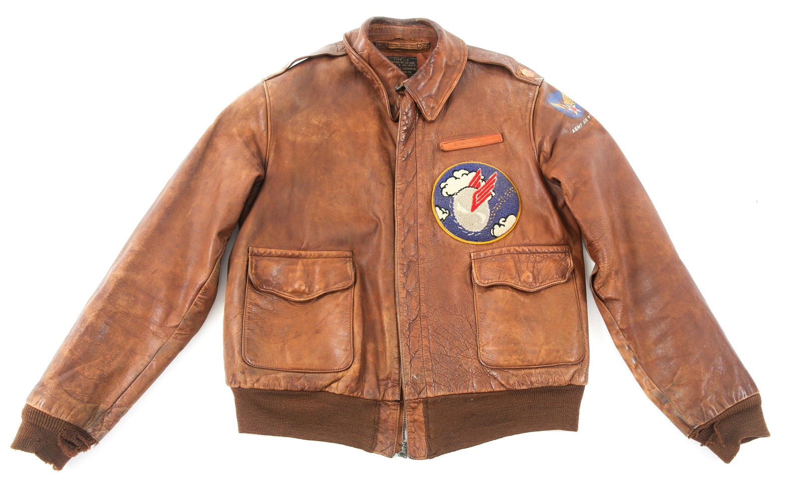 WWII 5th AF 41st FIGHTER SQUADRON A2 FLIGHT JACKET: WWII 5th AF 41st FIGHTER SQUADRON A2 FLIGHT JACKET WWII US Army 5th Air Force, 41st Fighter Squadron, 35th Fighter Group Named A-2 Flight Jacket. Identified to E.W Kyro. Embossed leather name tag abov
