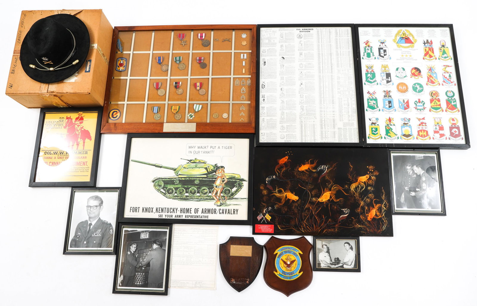 LT. COL. THOMAS J. SENN FRAMED PHOTOS & MEDALS: LT. COL. THOMAS J. SENN FRAMED PHOTOS & MEDALS Large lot from the personal collection of Lt. Col. Thomas J. Senn including (1) Lt. Col. Thomas J. Senn's Cavalry Stetson hat. (1) Framed display of Lt.