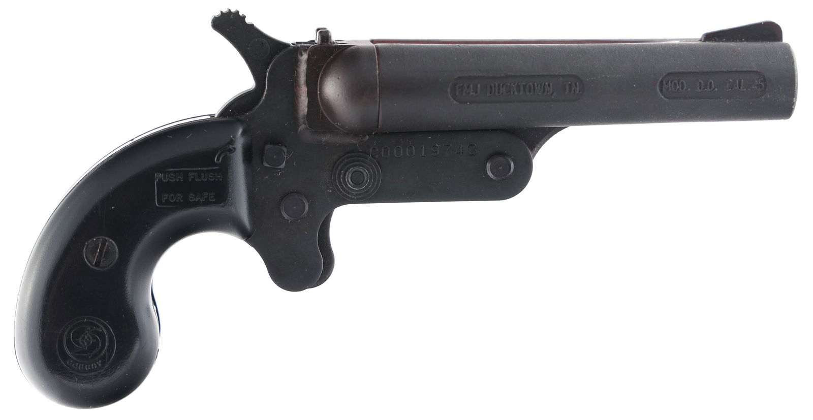 FMJ MODEL D.D. DERRINGER .45 LC/.410 GAUGE PISTOL: FMJ MODEL D.D. DERRINGER .45 LC/.410 GAUGE PISTOL FMJ Model DD double barrel .45 LC caliber/ 410 gauge derringer. Top break 3.75" barrels. Matte black finish. Synthetic Cobray grips. Cardboard FMJ shi