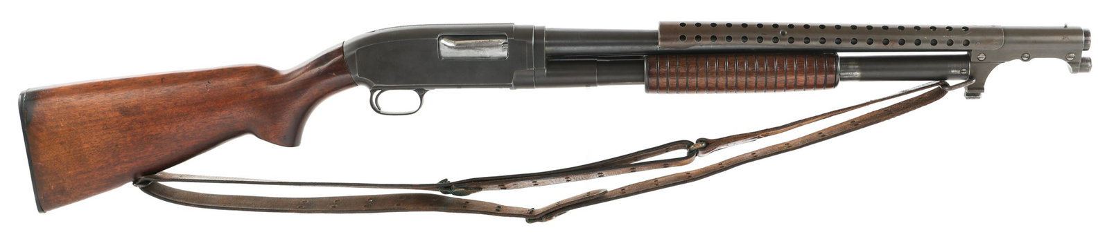 1941 WINCHESTER MODEL 12 PUMP ACTION 12 GA SHOTGUN: 1941 WINCHESTER MODEL 12 PUMP ACTION 12 GA SHOTGUN 1941 Winchester Model 12 pump action 12 gauge shotgun. In the configuration of a Model 12 trench gun with added heat shield, bayonet lug, and marking