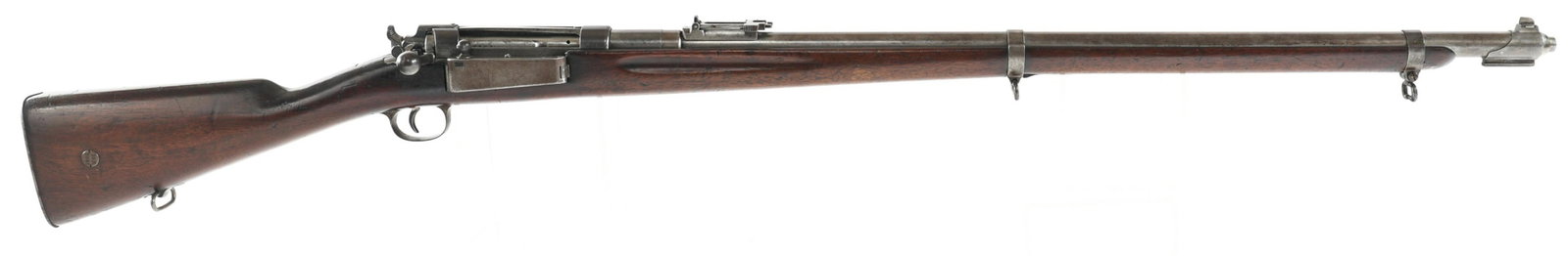 DANISH KRAG-JORGENSEN MODEL 1889 8mm RIFLE: DANISH KRAG-JORGENSEN MODEL 1889 8mm RIFLE Danish Krag-Jorgensen Model 1889 bolt action 8x58mmR caliber rifle. Serial numbers match on receiver, barrel, bolt, safety, stock and bayonet lug. Plate on r