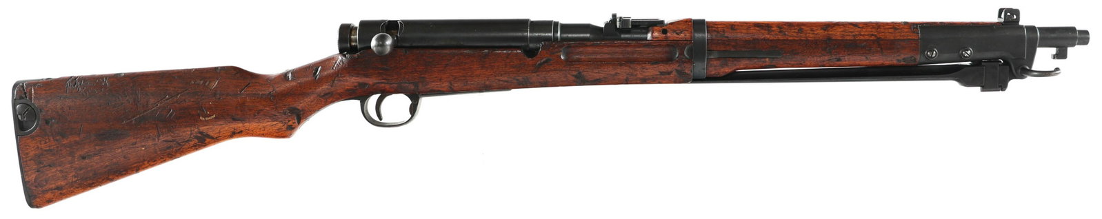 WWII JAPANESE KOKURA TYPE 44 6.5mm ARISAKA CARBINE: WWII JAPANESE KOKURA TYPE 44 6.5mm ARISAKA CARBINE WWII Japanese Kokura Arsenal Type 44 6.5mm caliber carbine. Intact mum. No visible import marks. Matching serial numbers on receiver and bolt handle.