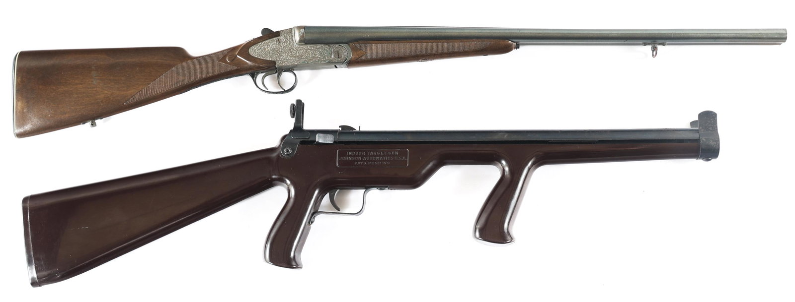 JOHNSON ELASTIC BAND GUN & GIOGATTOLI CAP SHOTGUN: JOHNSON ELASTIC BAND GUN & GIOGATTOLI CAP SHOTGUN Lot of two toy guns. Includes: A) Johnson Indoor Target Gun elastic band powered BB gun. Plastic and metal construction. Fixed front sight, adjustable