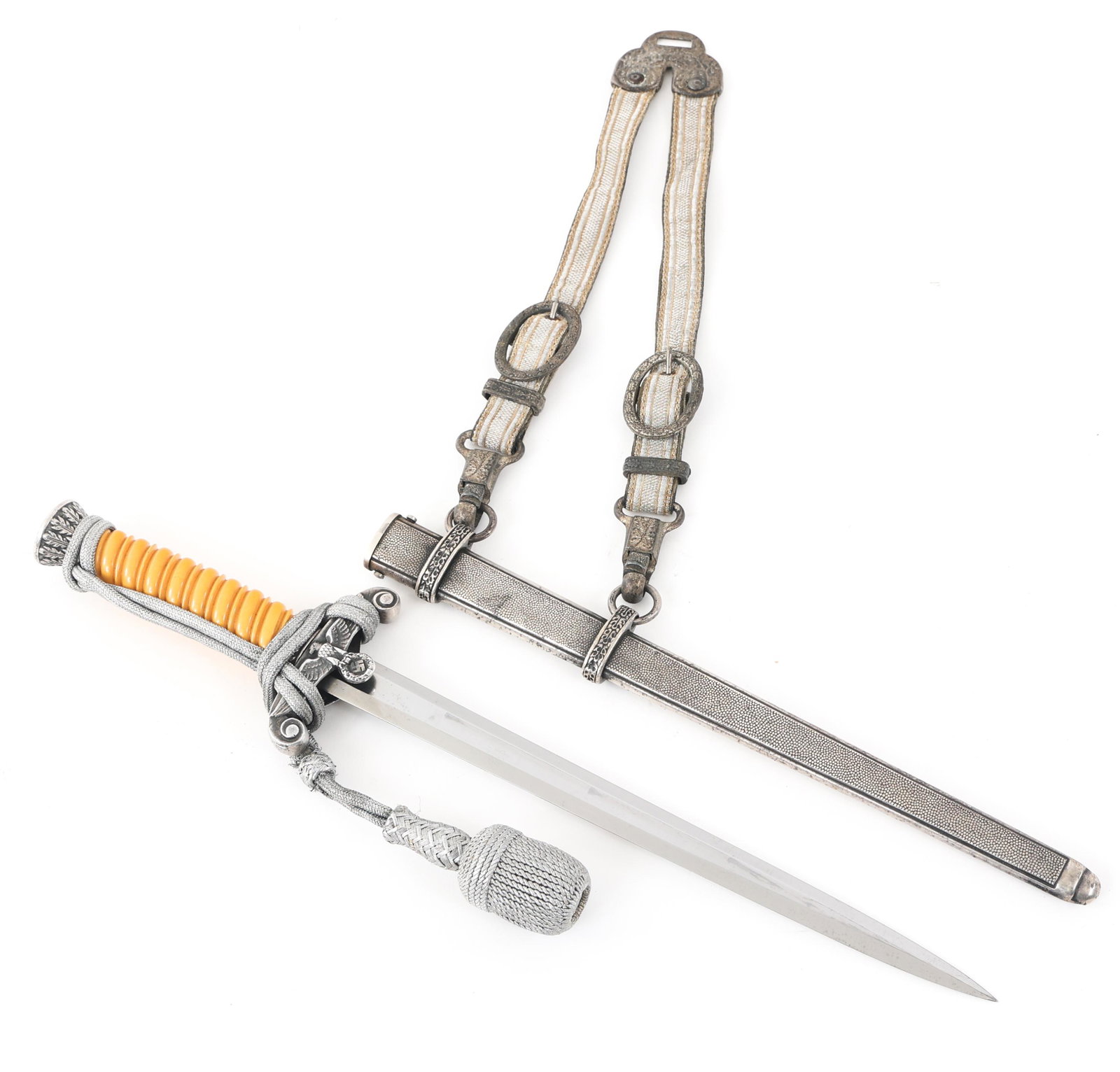 WWII GERMAN ARMY DRESS DAGGER & DELUXE HANGER: WWII GERMAN ARMY DRESS DAGGER & DELUXE HANGER WWII German Army model 1935 " Wehrmacht Heer Dolch " dress dagger. Bright blade with visible crossgrain. Acid etched maker mark / logo "A.W.S Alcoso, Soli