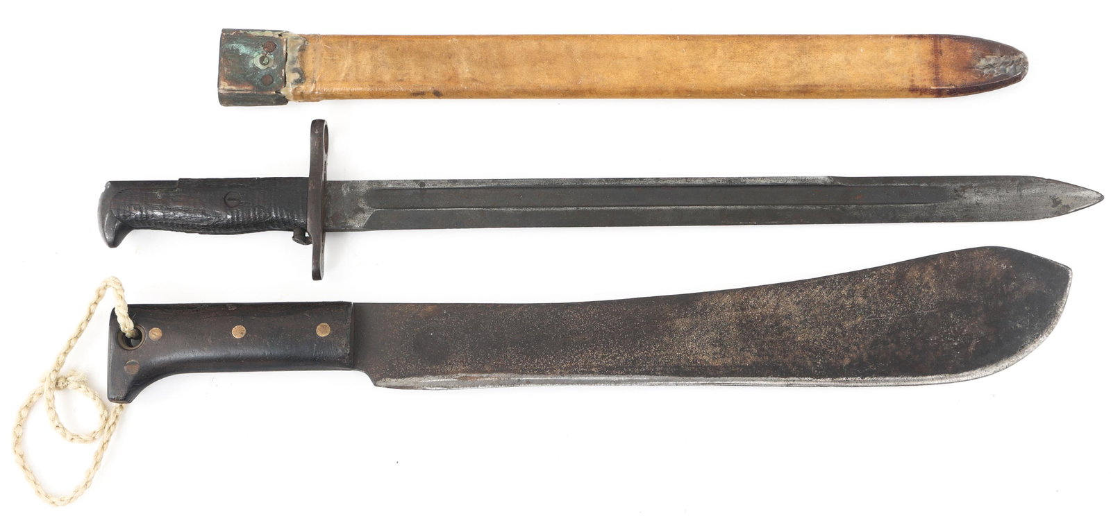 WWI US ARMY BAYONET AND MACHETE LOT OF 2: WWI US ARMY BAYONET AND MACHETE LOT OF 2 Lot of 2 WWI US Army Bayonet and Machete. (1) M-1905 Springfield Armory bayonet. Parkerized blade with fuller. "S. A.", Bursting Bomb and 1908 stamped on one s