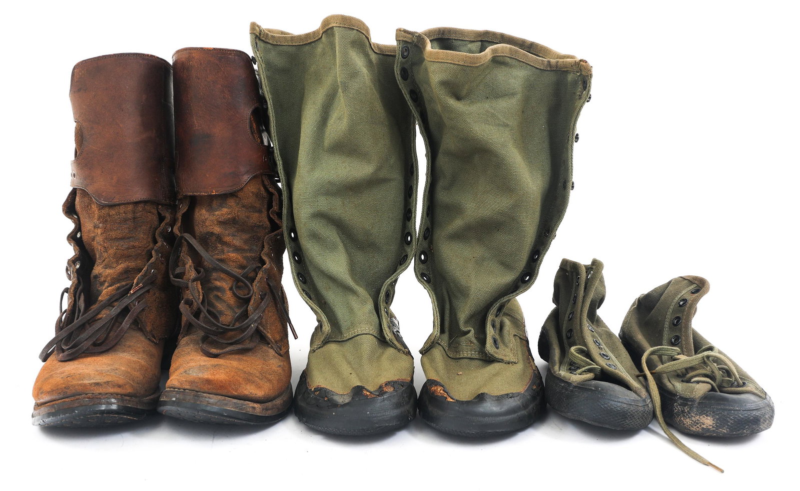 WWII US ARMY - USMC JUNGLE & DOUBLE BUCKLE BOOTS: WWII US ARMY - USMC JUNGLE & DOUBLE BUCKLE BOOTS WWII US Army & USMC Jungle and Double Buckle Boots. (1) Ankle height Athletic Shoe, OD green, canvas material with rubber soles. Mfg. by "Hood Rubber C