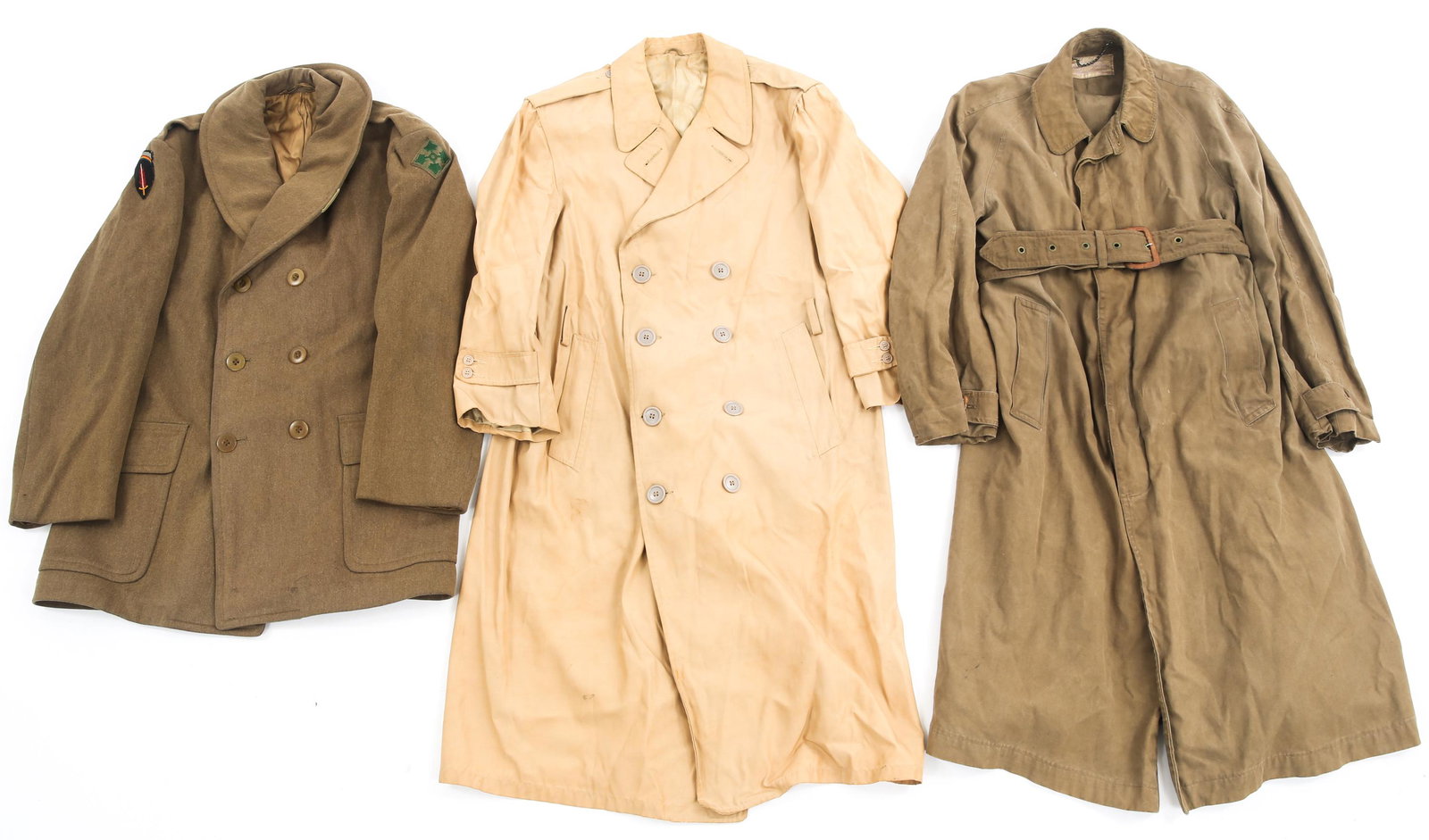 WWII US ARMY & CIVILIAN OVERCOAT LOT OF 3: WWII US ARMY & CIVILIAN OVERCOAT LOT OF 3 Lot of 3 WWII US Army Overcoats. (1) US Army Officers Chocolate wool overcoat. 4th Infantry Division and Supreme Headquarters Allied Expeditionary Force shoul