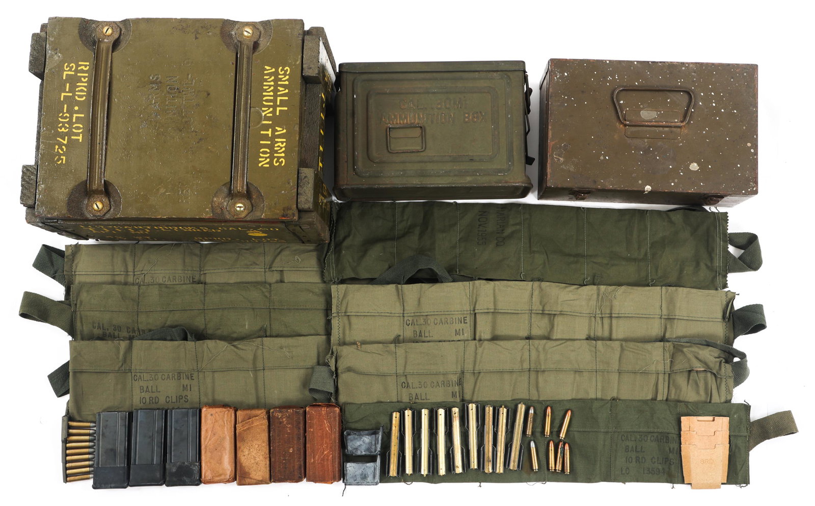COLD WAR US ARMY .30 CAL AMMO, MAG, & AMMO BOX: COLD WAR US ARMY .30 CAL AMMO, MAG, & AMMO BOX Lot of Korean - Vietnam War M1 Carbine .30 Cal. Ammunition, Magazines, Stripper Clips, and Ammunition Boxes. (7) M1 Carbine 20 round magazines, 4 still i