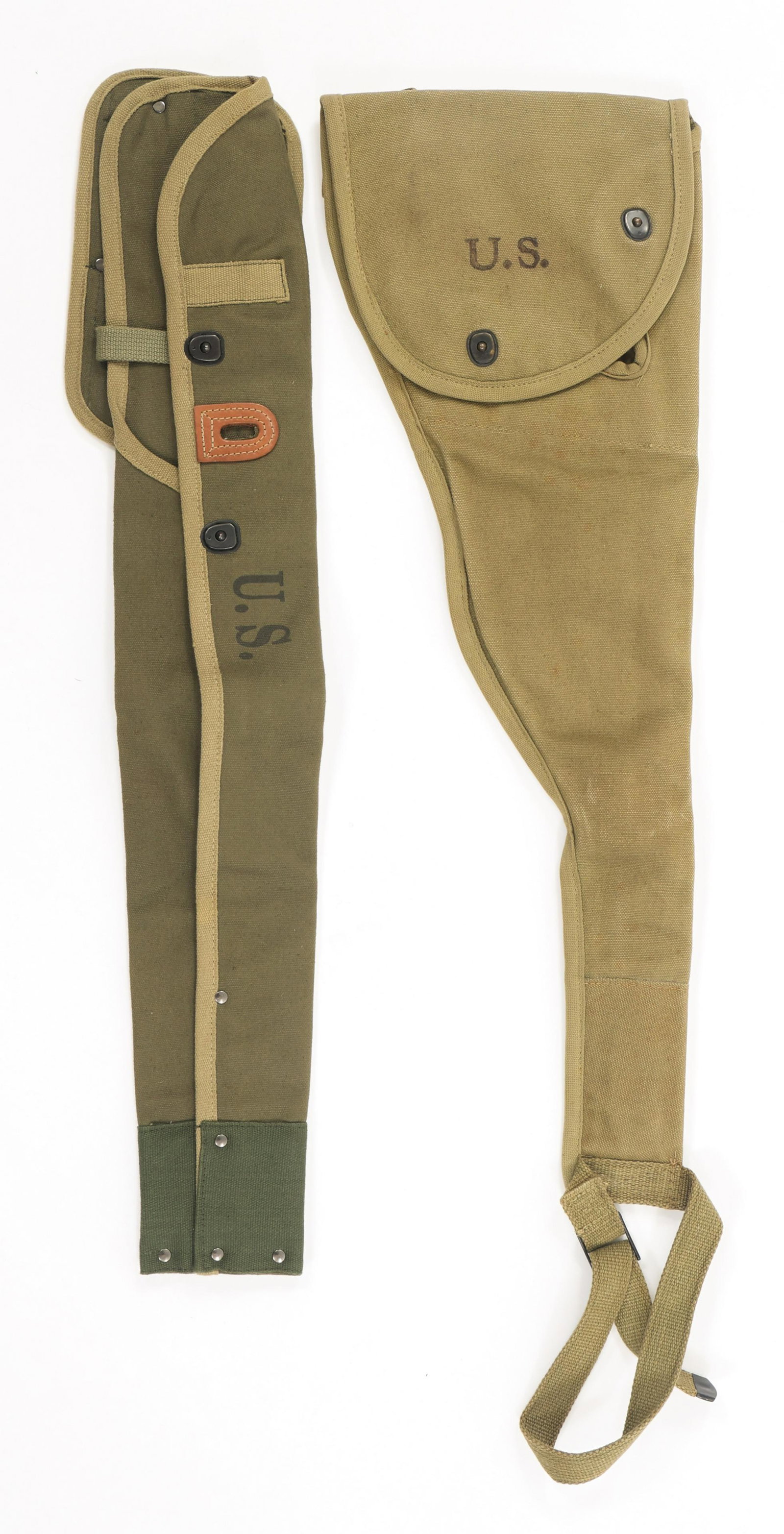 WWII US ARMY AIRBORNE & SHORT HOLSTER LOT OF 2: WWII US ARMY AIRBORNE & SHORT HOLSTER LOT OF 2 Lot of 2 WWII US Army Airborne Paratrooper Folding M1 Carbine and Experimental Short Hip Holsters.(1) Short Hip Holster. OD green, canvas material, dual 