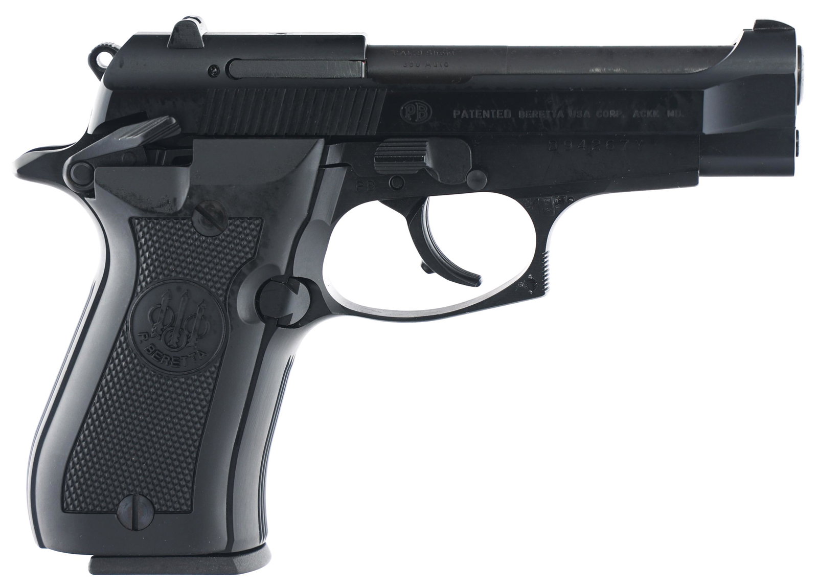 BERETTA MODEL 84F .380 CAL SEMI AUTOMATIC PISTOL: BERETTA MODEL 84F .380 CAL SEMI AUTOMATIC PISTOL Beretta Model 84F .380 ACP caliber semi automatic pistol. Black finish. Synthetic grips with Beretta logo. Fixed sights. Two magazines. Cleaning brush.