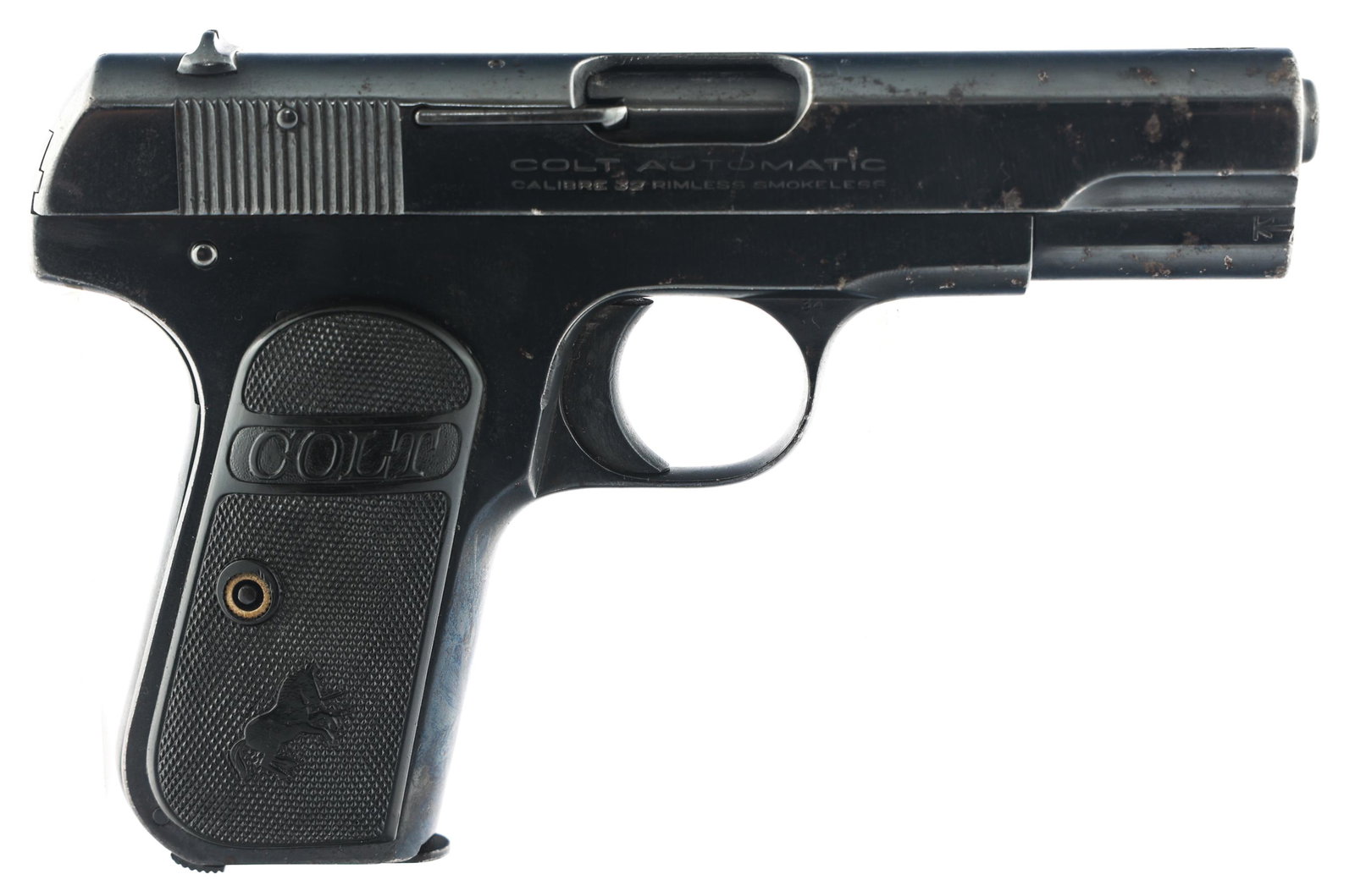 COLT MODEL 1903 POCKET HAMMERLESS .32 CAL PISTOL: COLT MODEL 1903 POCKET HAMMERLESS .32 CAL PISTOL 1920 Colt Model 1903 Pocket Hammerless .32 ACP caliber semi automatic pistol. Blued finish. Checkered hard rubber grips with Colt logo. Fixed sights. O