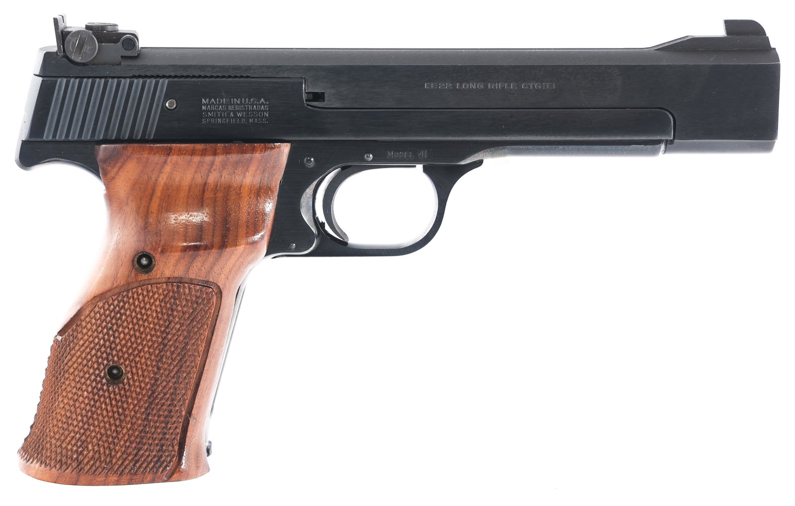 1979 SMITH & WESSON MODEL 41 .22LR TARGET PISTOL: 1979 SMITH & WESSON MODEL 41 .22LR TARGET PISTOL 1979 Smith & Wesson Model 41 Target semi automatic .22 LR caliber pistol. Left side of slide stamped with Smith & Wesson emblem. Right side of slide st