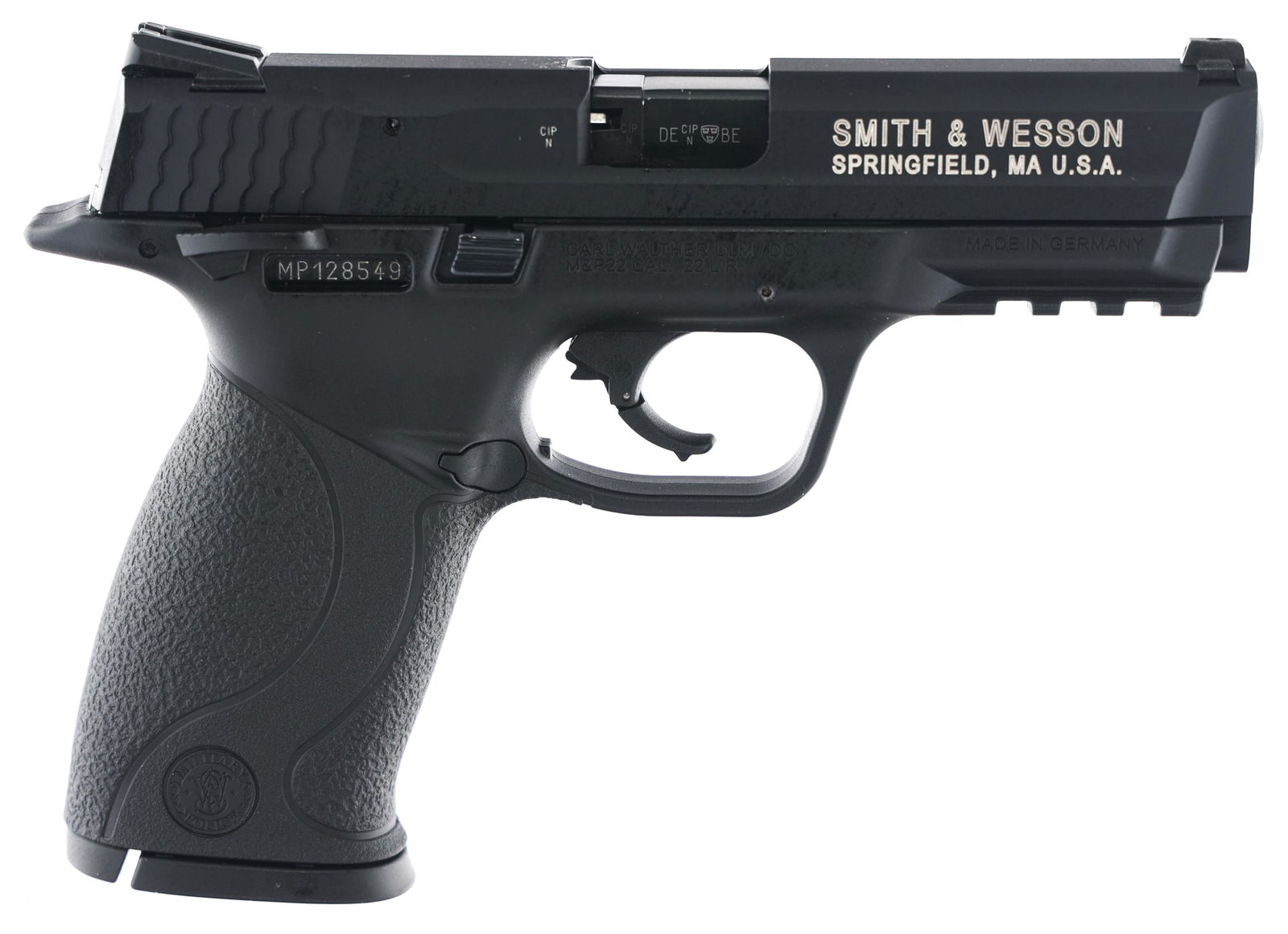 SMITH & WESSON MODEL M&P 22 .22 LR CALIBER PISTOL: SMITH & WESSON MODEL M&P 22 .22 LR CALIBER PISTOL Smith & Wesson Model M&P 22 .22 LR caliber semi automatic pistol. The frame is stamped "Smith & Wesson Springfield, Mass. U.S.A." and "Carl Walther UL