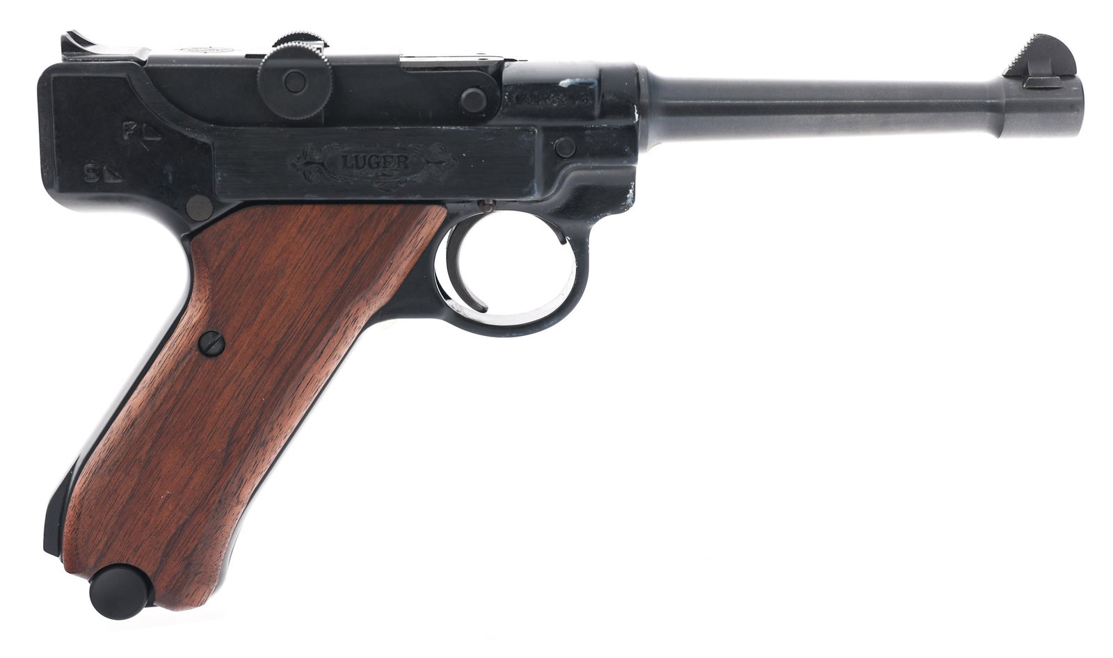 STOEGER MODEL STL4 .22 LR CALIBER LUGER PISTOL: STOEGER MODEL STL4 .22 LR CALIBER LUGER PISTOL Stoeger Model STL4 .22 LR caliber semi automatic Luger pistol. Wood grips. Fixed sights. One magazine. Provenance: Personal collection of Claude "Butch" 