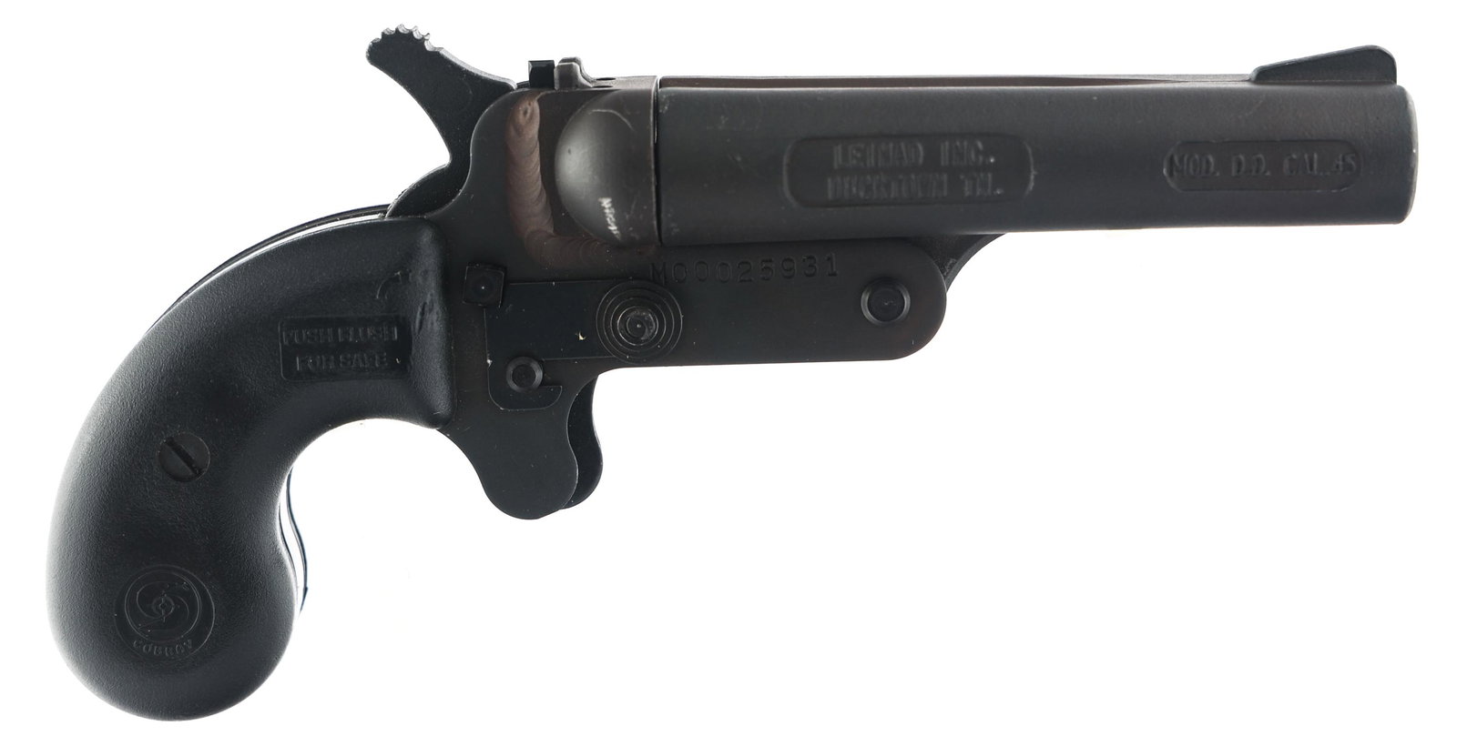 LEINAD INC. MODEL DD .45LC / .410 DERRINGER: LEINAD INC. MODEL DD .45LC / .410 DERRINGER Leinad Inc. Model DD .45 LC caliber / .410 gauge two barrel derringer. Parkerized finish. Plastic grips. Fixed sights. Original cardboard box and literature