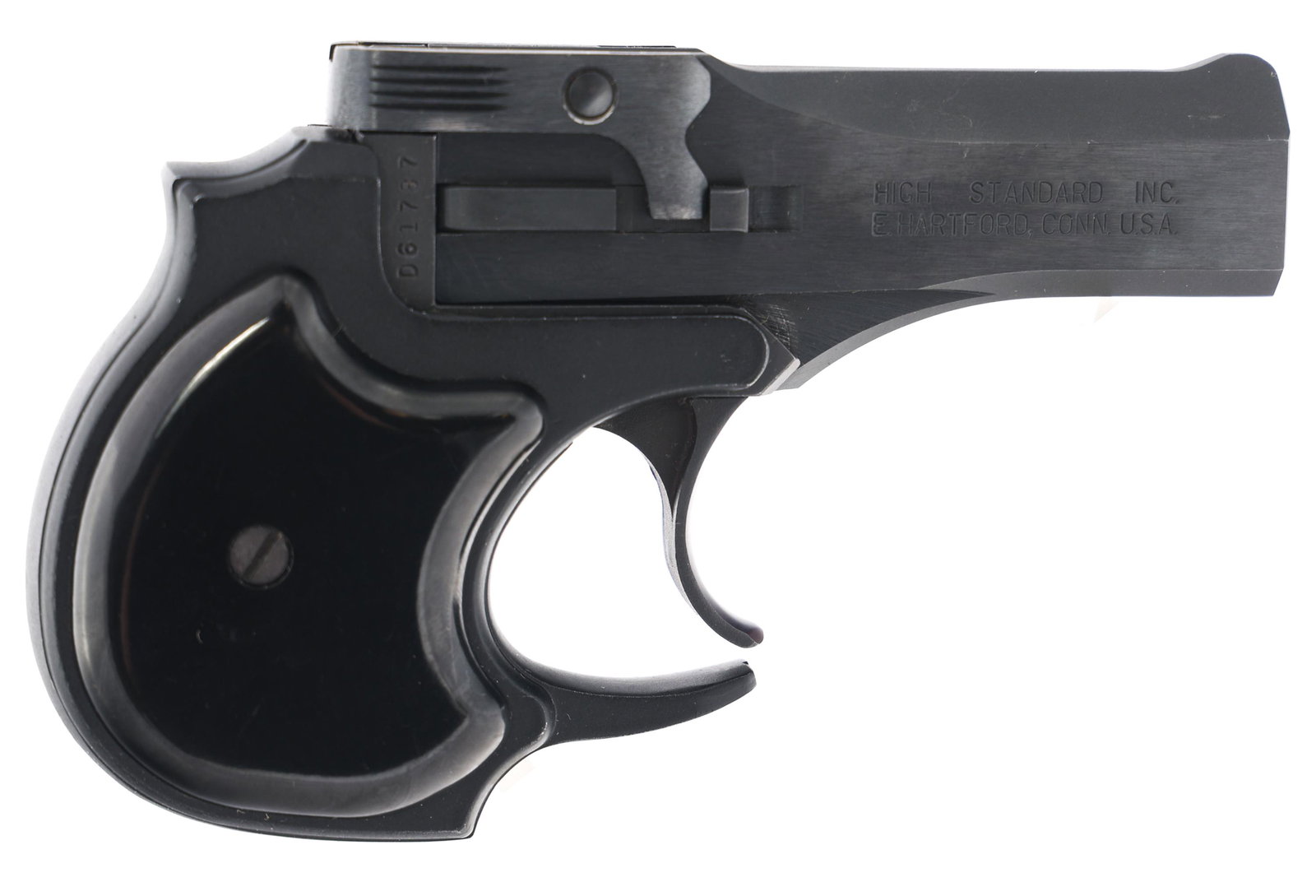 HIGH STANDARD MODEL DM-101 .22 MAG CAL DERRINGER: HIGH STANDARD MODEL DM-101 .22 MAG CAL DERRINGER High Standard over under .22 Magnum caliber Derringer. Right side of barrel stamped "High Standard E. Hartford, Conn. U.S.A." Left side of barrel stamp